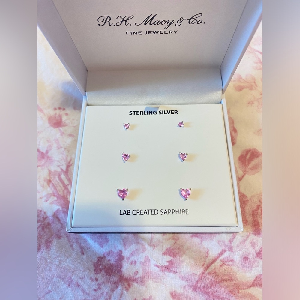 Macys Sterling Silver Lab Created Pink Sapphire Heart Earrings NWT